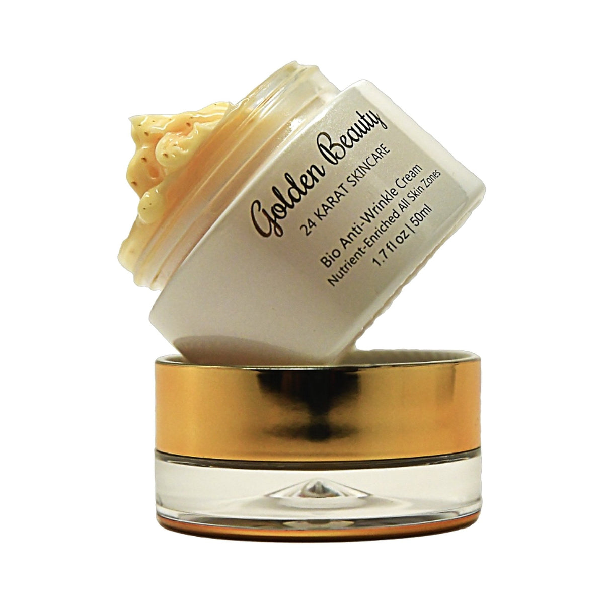Open jar of Golden Beauty 24K Bio Anti-Wrinkle Cream, 1.7 fl oz, resting on its gold lid