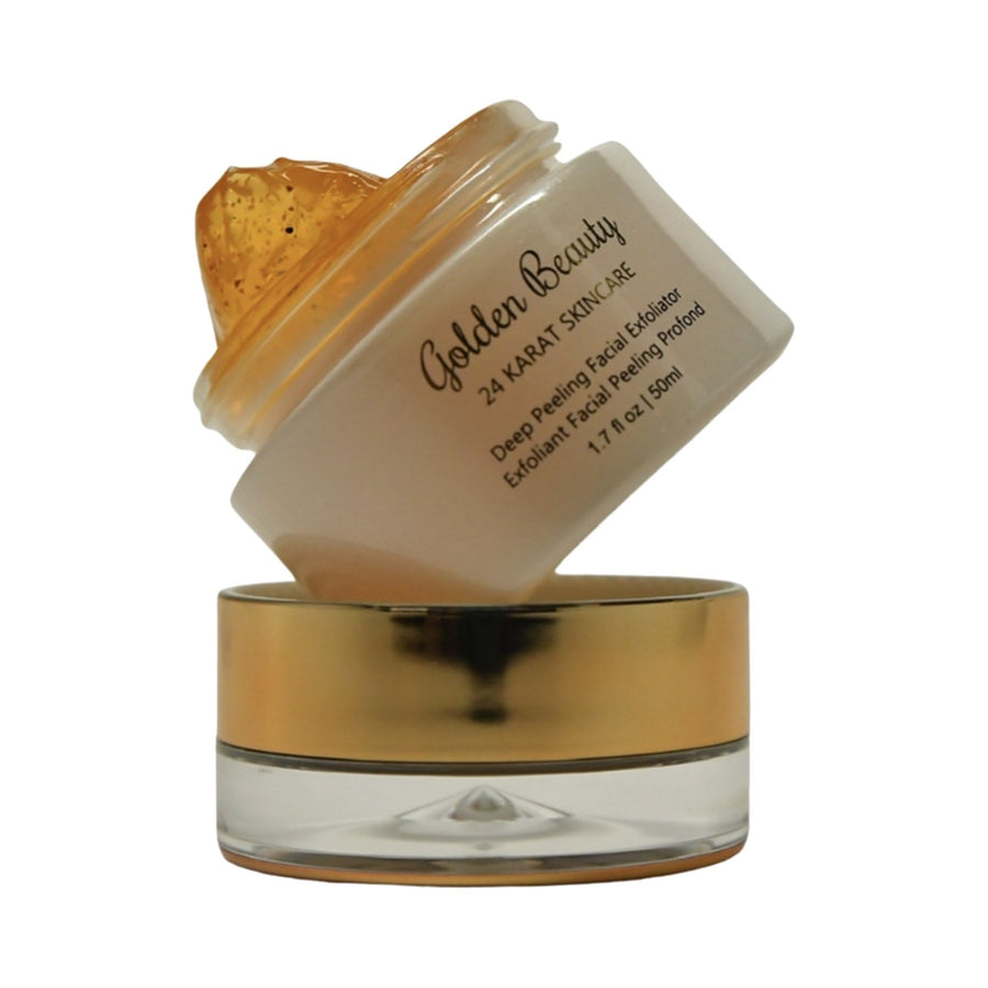 Open jar of Golden Beauty 24K Deep Peeling Exfoliating Gel, 1.7 fl oz, with gold-flecked gel, resting on its gold lid
