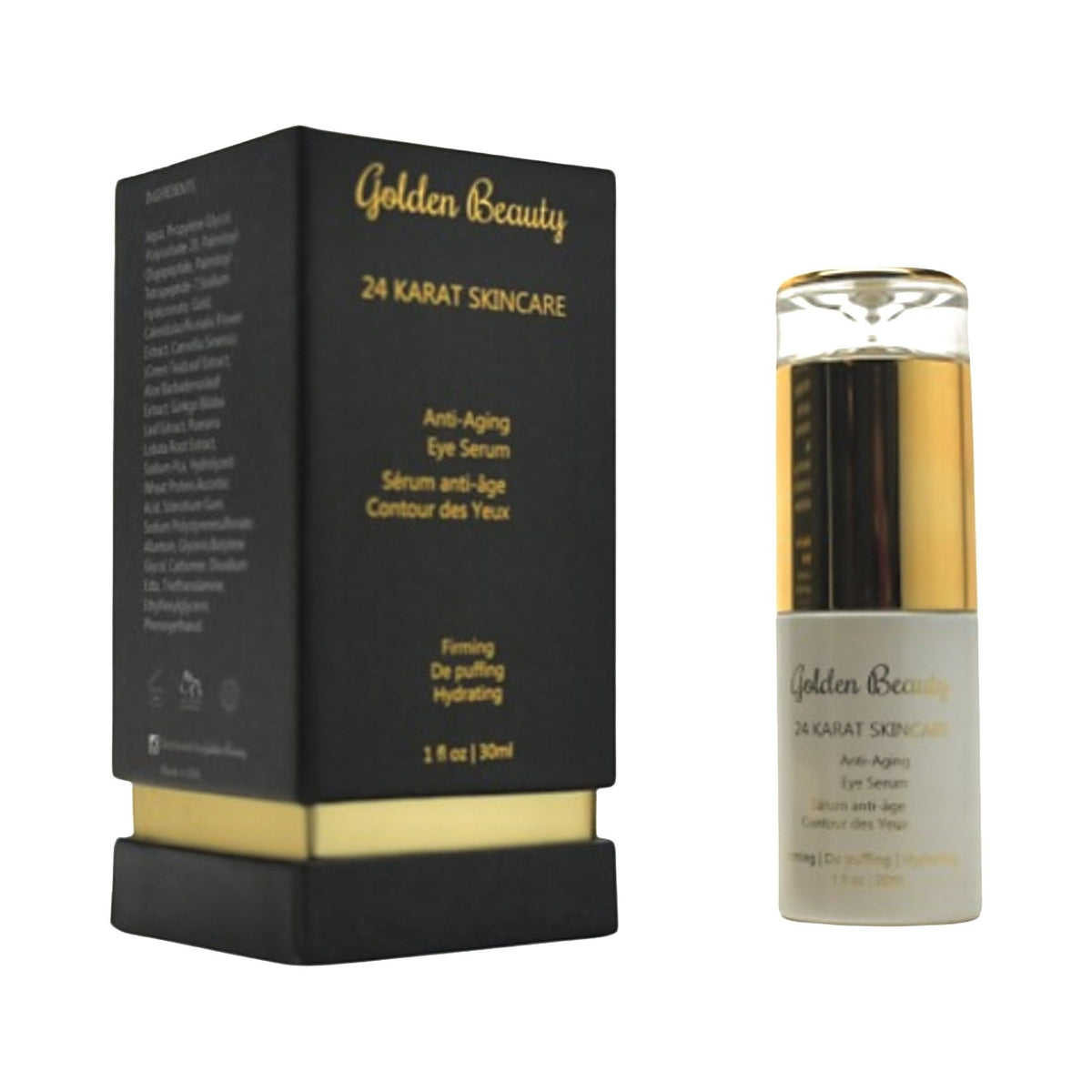 Golden Beauty 24K Anti-Aging Eye Serum, 1 fl oz, beside its black and gold gift box